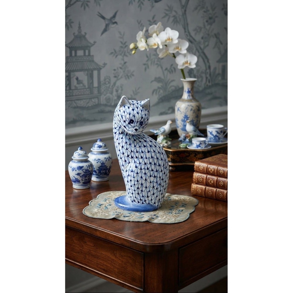 Andrea by Sadek Blue White Fishnet Cat Figurine Hand Painted Porcelain 10"